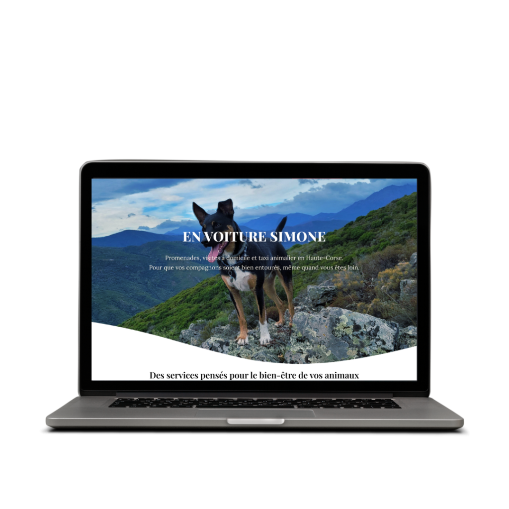 Aperçu du site En voiture Simone affiché sur un écran d’ordinateur, présentant les services de transport et de garde pour animaux en Haute-Corse.