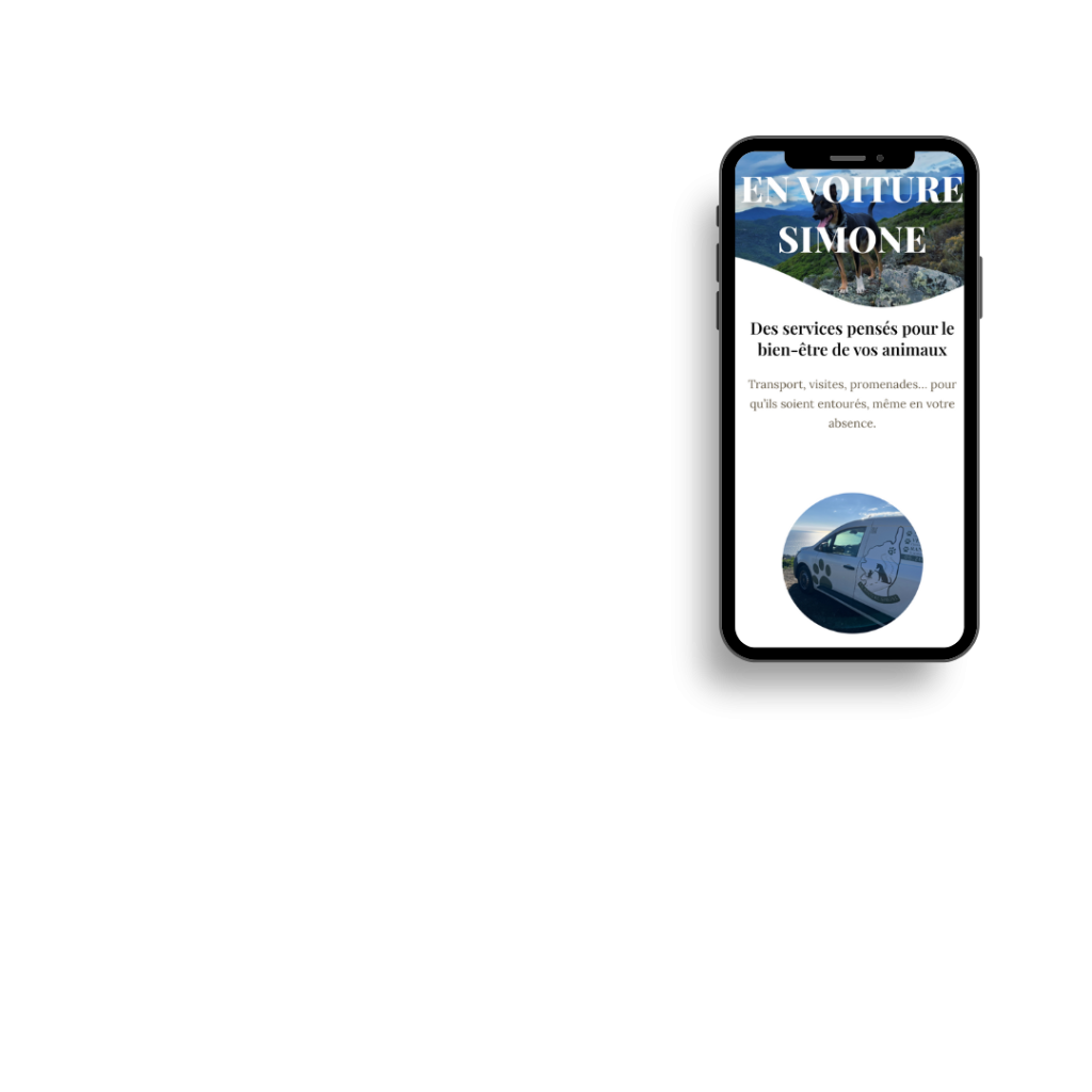 Aperçu mobile du site “En voiture Simone”, conçu par Studio PachyWeb pour un service de transport et de promenades pour animaux en Haute-Corse.