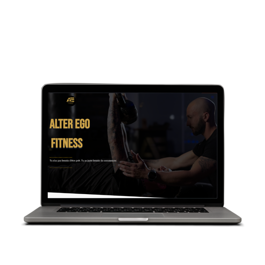 Aperçu du site vitrine créé pour Alter Ego Fitness, une salle de sport en Corse : design moderne en noir et or, avec slogan motivant affiché à l’écran.