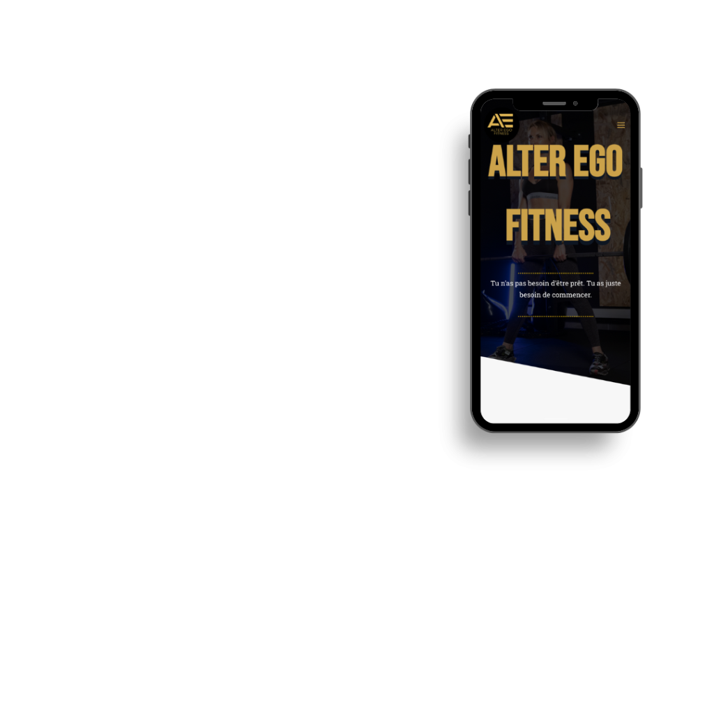 Version mobile du site Alter Ego Fitness : page d’accueil dynamique avec slogan percutant et design en noir et or.
