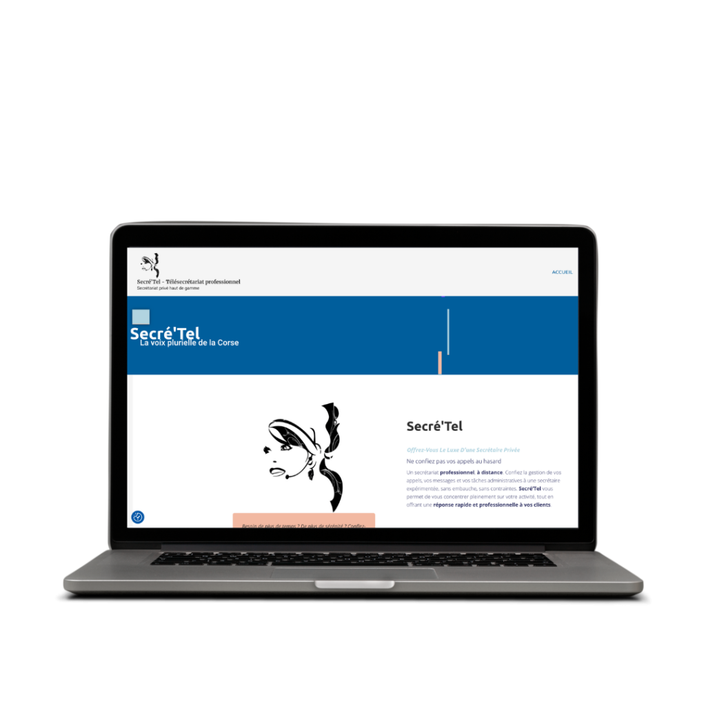 Page d’accueil du site Secré’Tel sur ordinateur, avec son identité graphique bleue et son slogan « La voix plurielle de la Corse ».